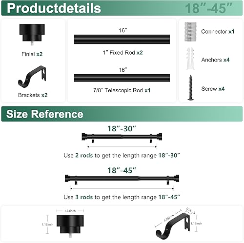 Miniatura 5 de Barras de cortina negras para ventanas de 28 a 48 pulgadas (2.3-4 pies), barras de cortina resistentes de 1 pulgada de diámetro, barra de cortina
