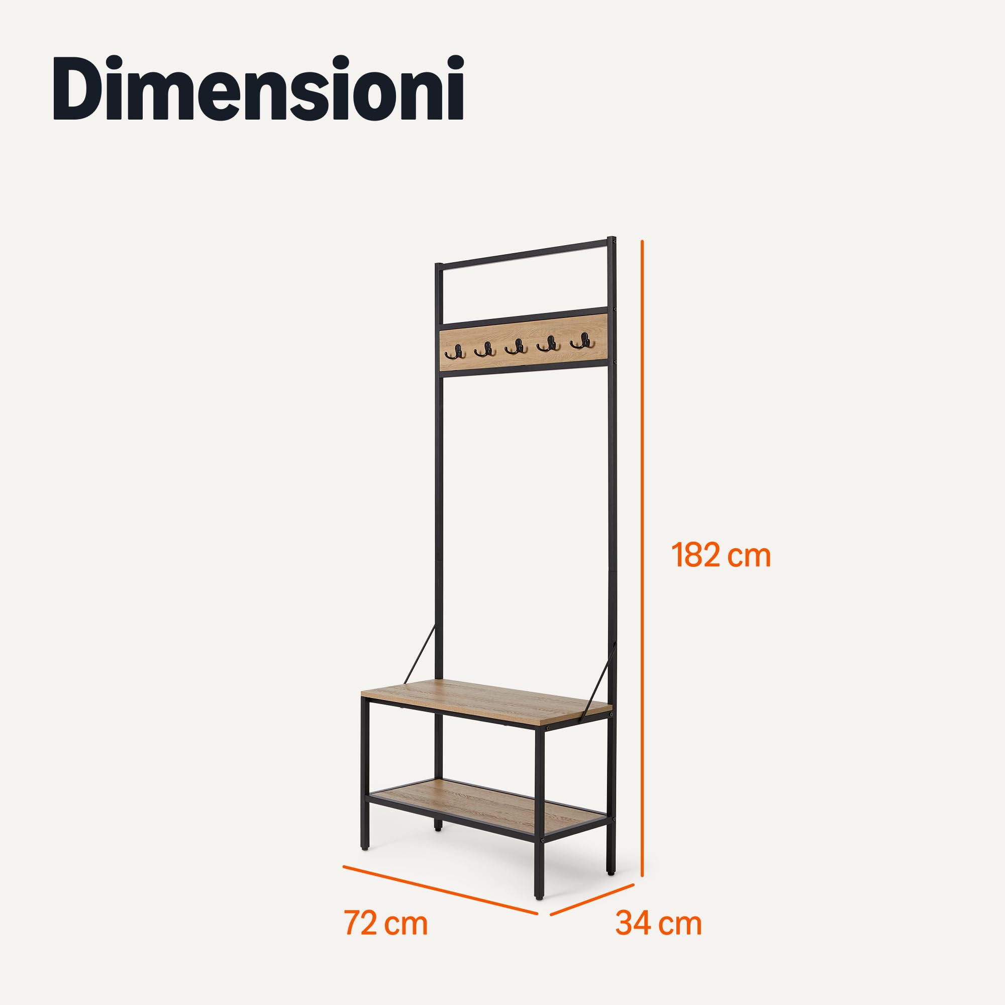 Amazon Basics Panca da Ingresso con Ganci, Appendiabiti, Attaccapanni, Mobile da Ingresso con Ripostiglio per Scarpe, 34cm x 72cm x 182cm, Quercia