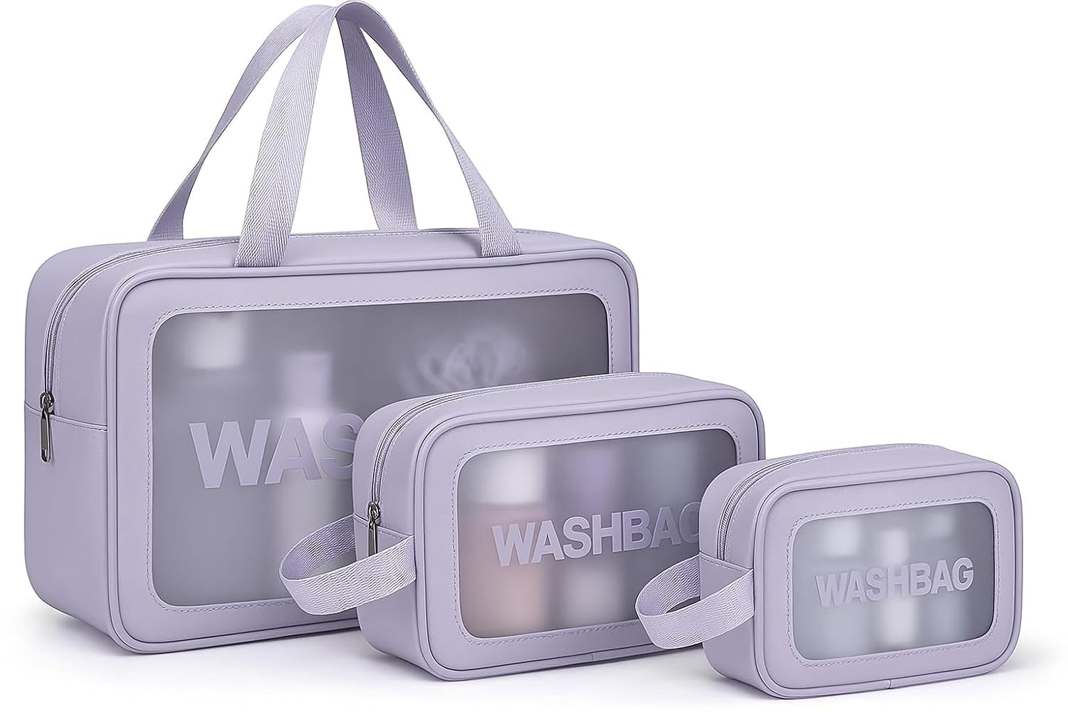 Wash Bag Cosmetic Case Set of 3, Clear Travel Wash Bags with Handles, Water-Repellent Bags, Transparent Wash Bags (Purple)-image-23