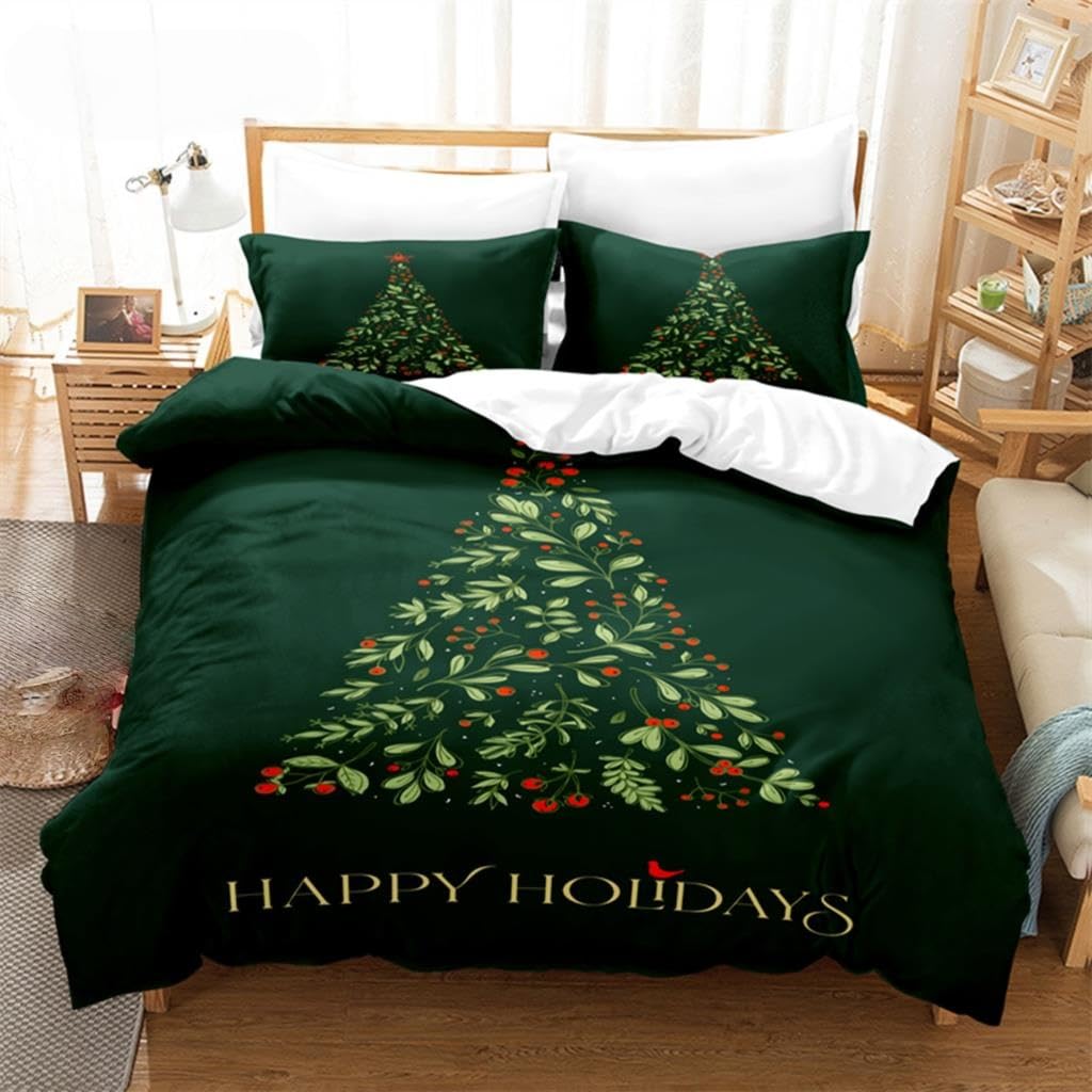 Housse de couette verte sapin de Noël et sa parure de lit 200x200 pour des nuits d'hiver magiques