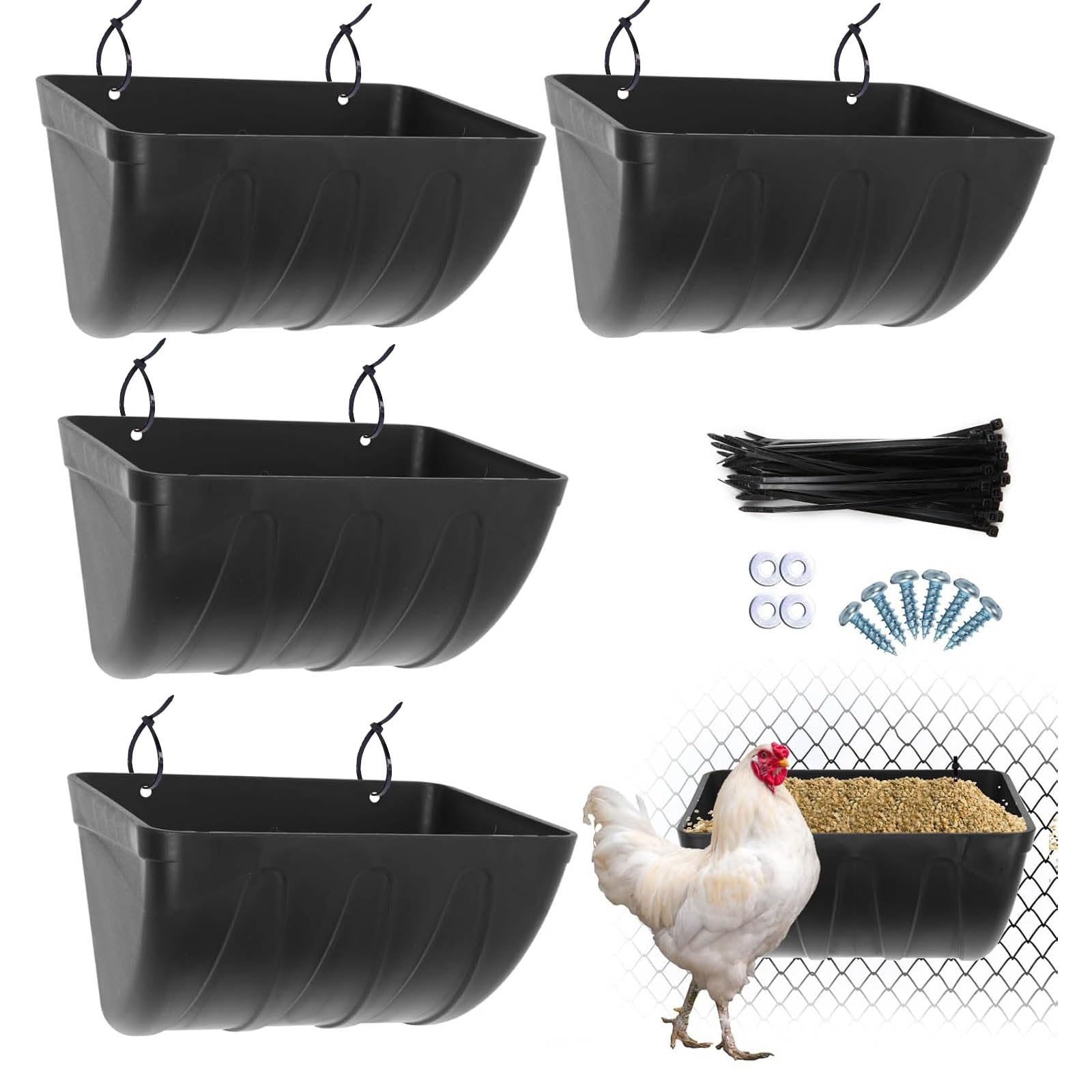 3 Pack Chicken Feeder Waterer, 4.5 Quart Feed Trough, Hanging Poultry Feeding Equipment, Livestock Feeding Container for Chicken, Duck, Goat, Piglet, Sheep, Deer, Goose, Turkeys
