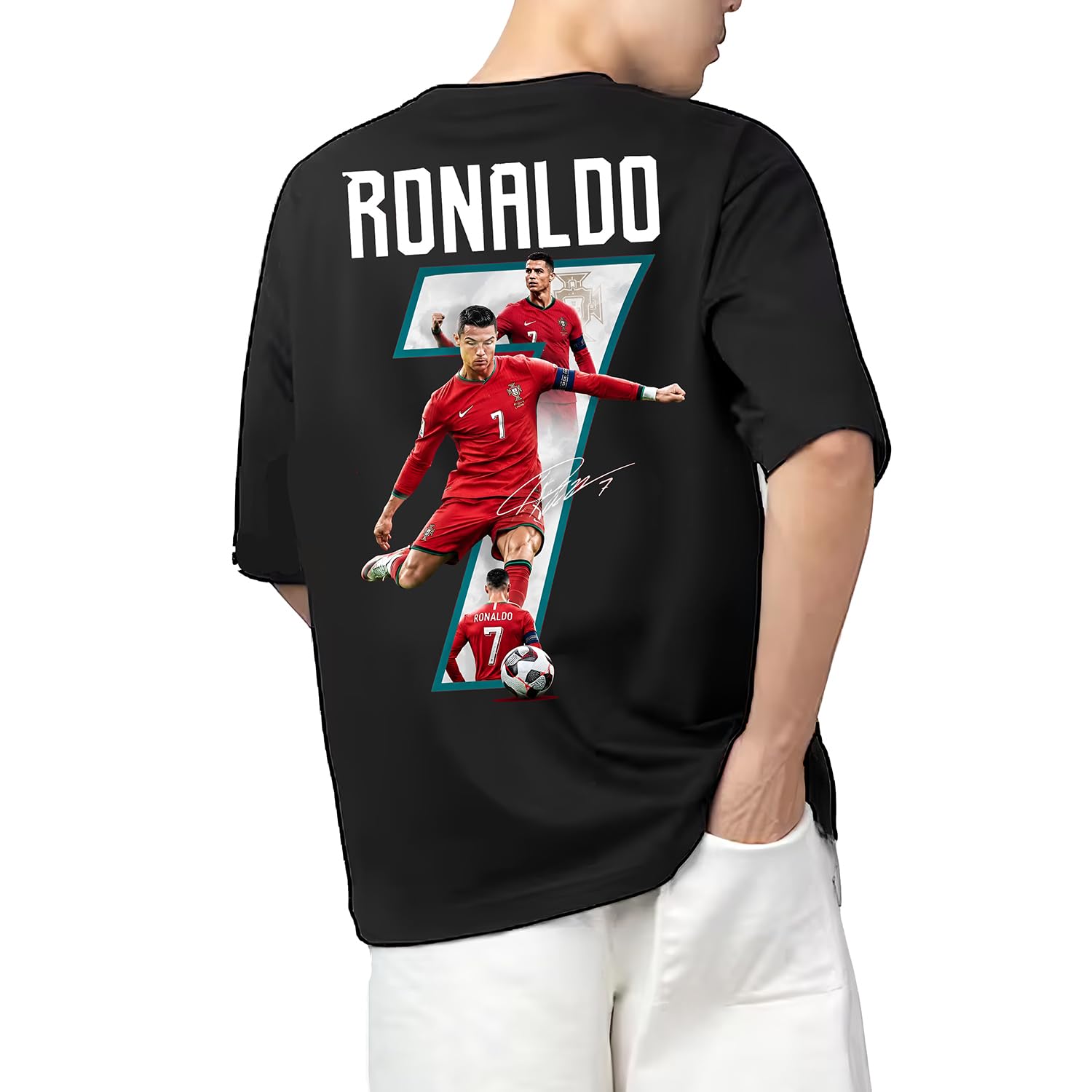 AROA Tshirt Ronaldo 7 Model : 110 Men Cotton Printed Oversized/dropshoulder/Round Neck Black Tshirt for Men Women Unisex-picture-24