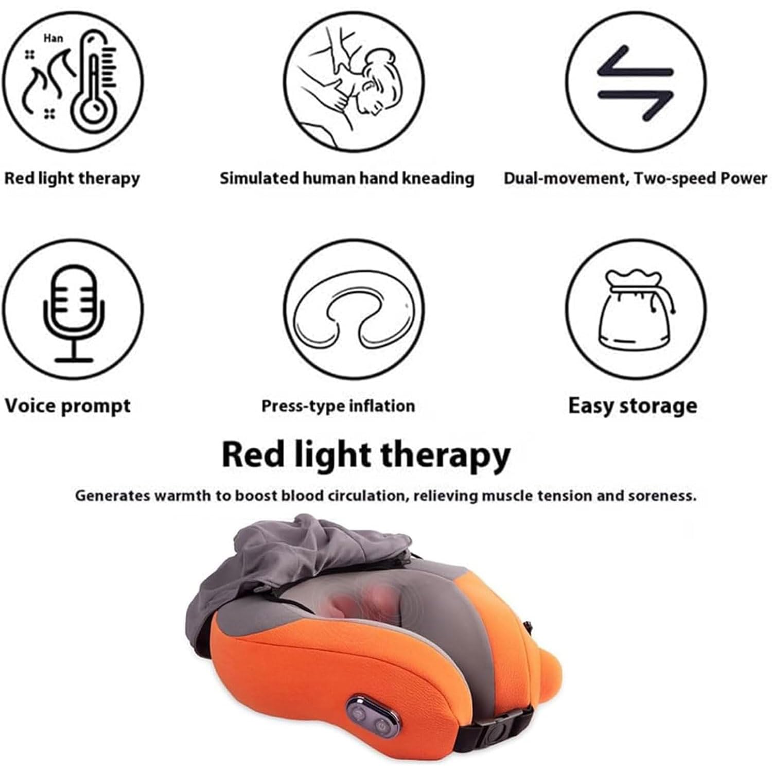 Travelzen Hooded Massage Pillow, Travel Zen Neck Pillow, Nackenkissen Flugzeug mit Kapuze, 3D-Dual-Core-Nackenmassagegerät mit Knetfunktion, Aufblasbares Reisekissen für Flugzeug, Auto, Zug (Orange)