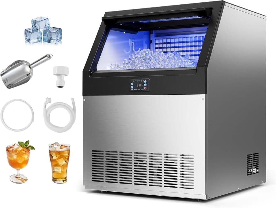 VEVOR Commercial Ice Maker Machine, 440 lbs/24h with 53-85 lbs Storage Capacity, Built-in/Freestanding/Under Counter, Stainless Steel Ice Maker with LED Display & Self-Cleaning, Home Bar Restaurant