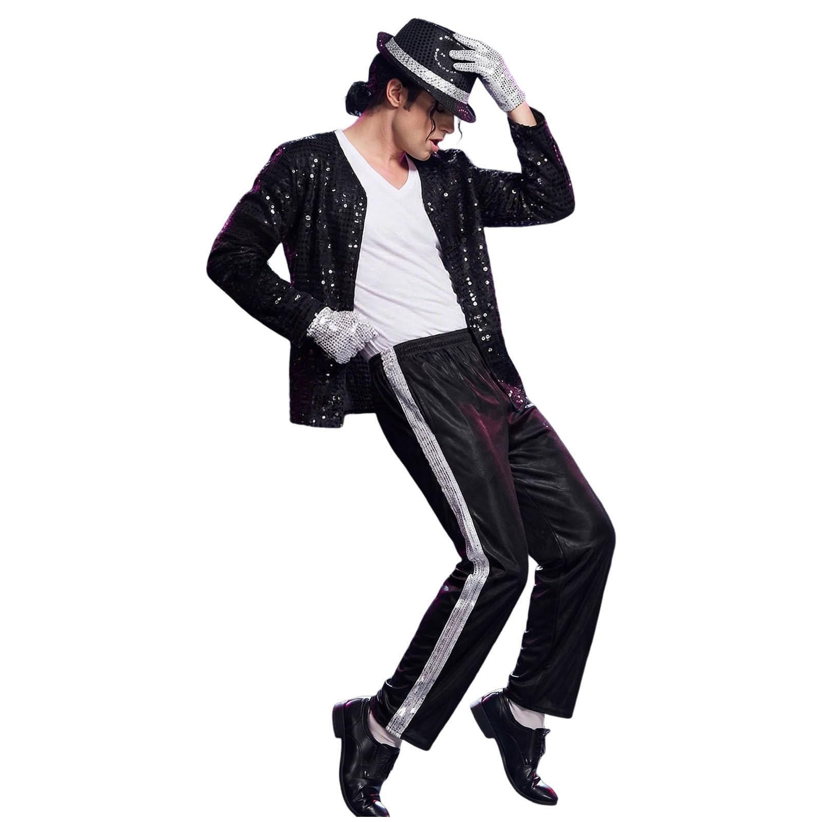 Adults King of Pop Musician Costume 6-Piece Set Sequin Jacket Striped Pants with Hat Gloves and T-Shirt 80s 90s Music Icon for Halloween Party Stage Performance and Fancy Dress — image 1