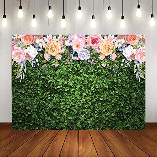 Avezano Flower Grass Photography Backdrop Green Spring Grass Lawn Party Background Floral Grass Birthday Baby Shower Miss To Mrs Wedding Bridal Shower Backdrops Cake Table Decorations, 7X5 #TOP3