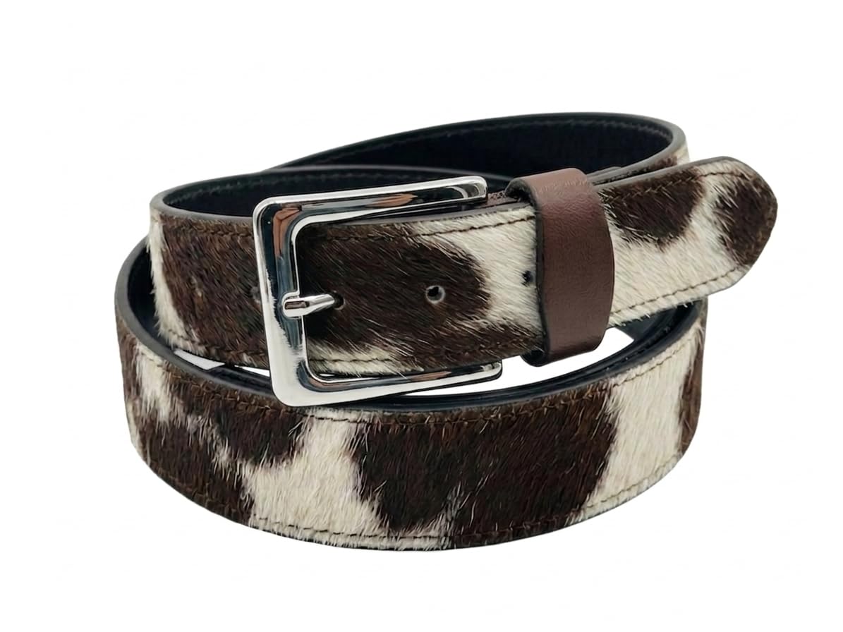 REAL COWHIDE HAIR-ON LEATHER BELTS - UNISEX GENUINE LEATHER BELT (26-46 Waist) (Brown & white, 26 inches)