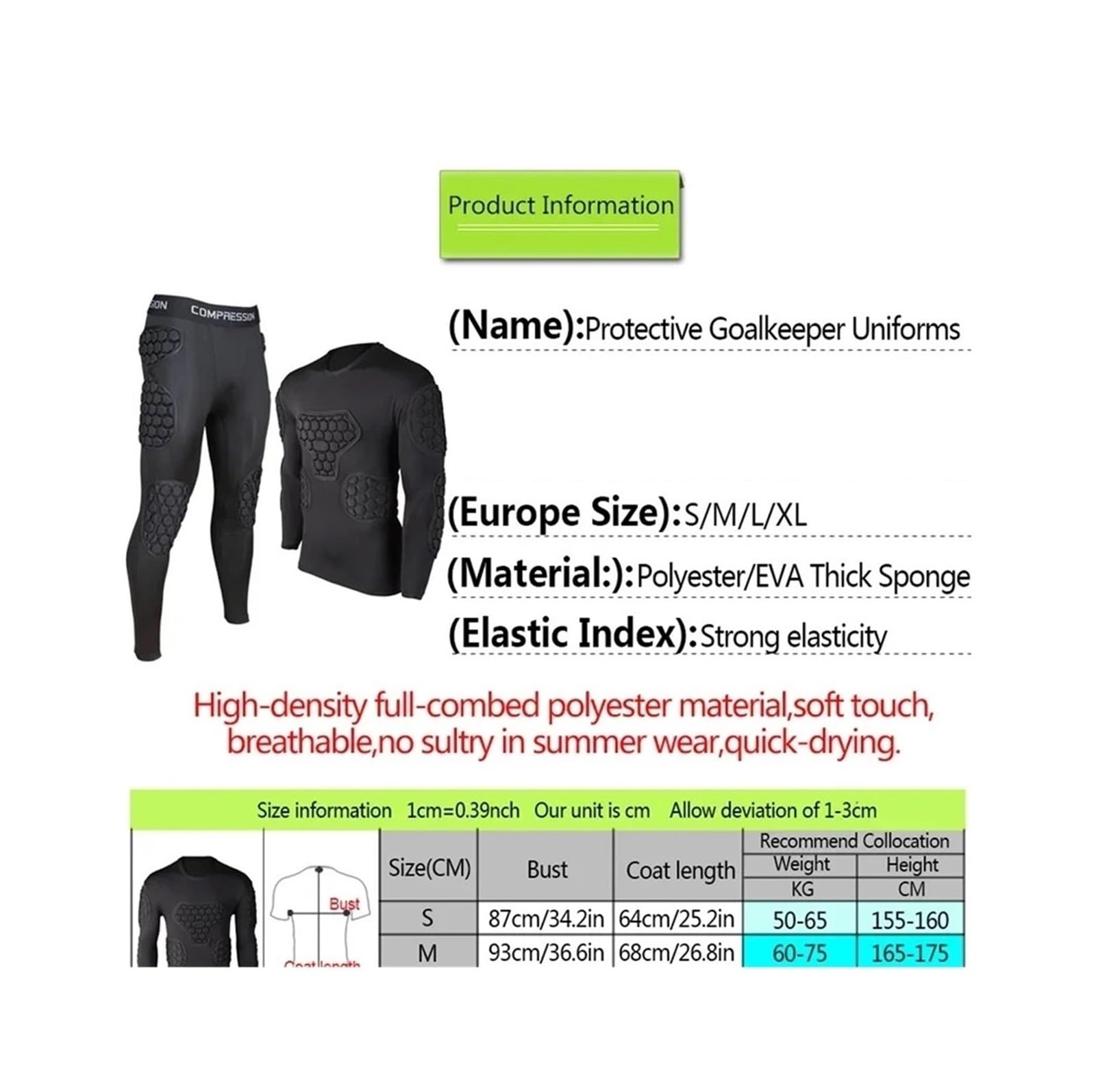 Maillot de Football rembourré Pantalon d'entraînement de Gardien But Football, Maillot, équipement Complet avec Protections rembourrées aux Genoux et Coudes