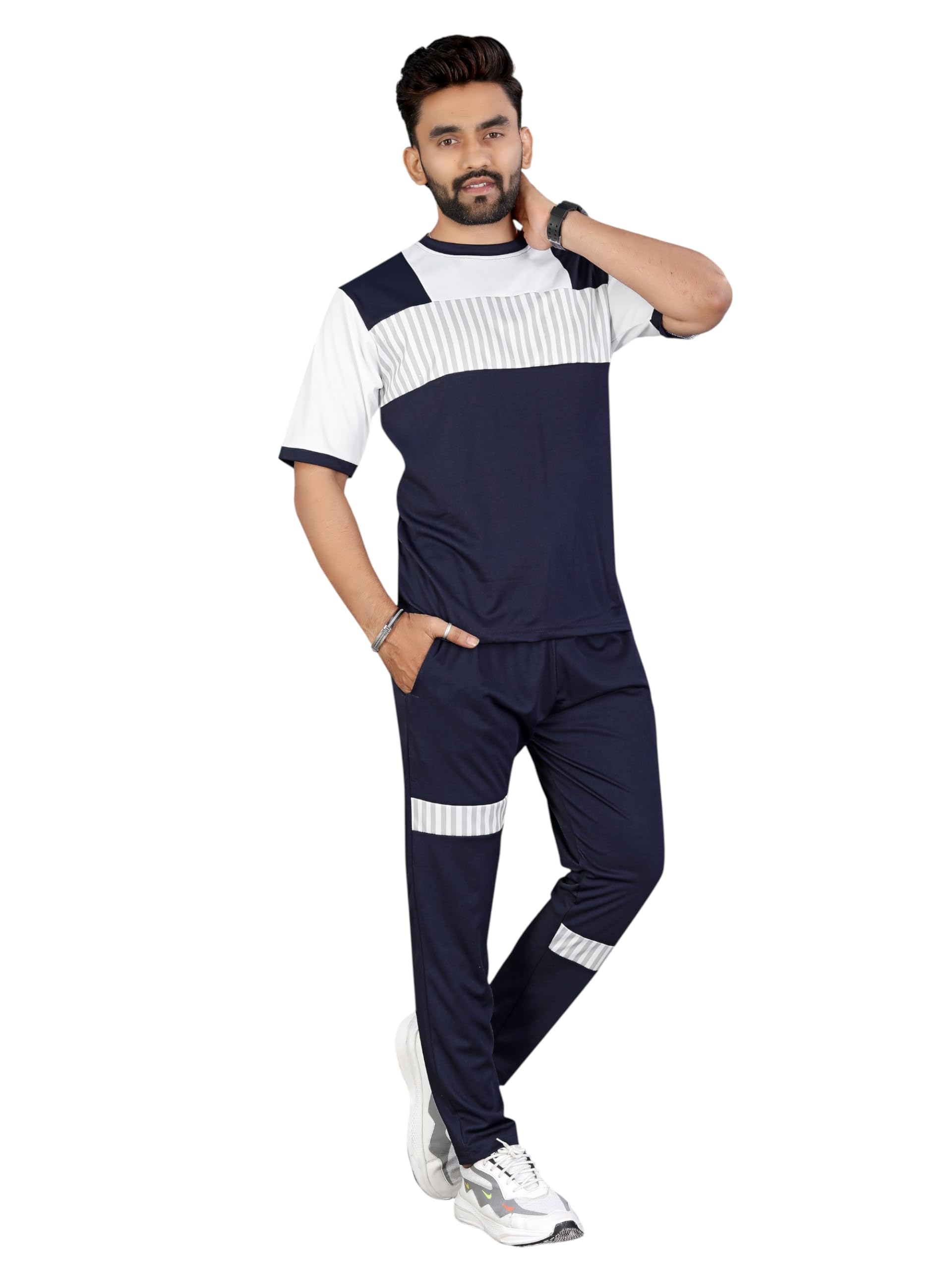 Men's Tracksuit Set, Blue with Navy Blue Striped Panel, Short Sleeve T-Shirt and Pants, Casual Sportswear (size:-M)-image-41