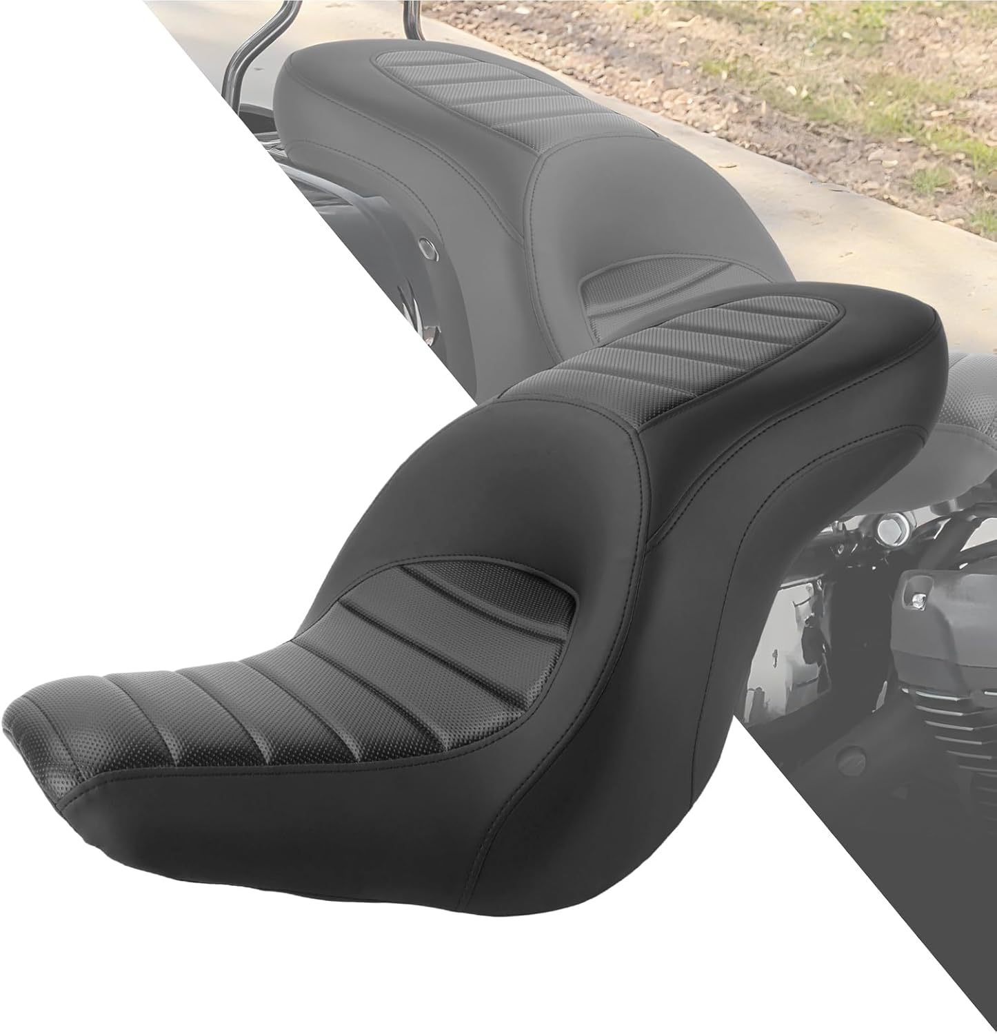 HDBUBALUS Motorcycle 2-Up Seat Driver Passenger One-Piece Seat Fit For Harley Low Rider Low Rider S ST FXLR FXLRST 2018-up (Black Stitching)