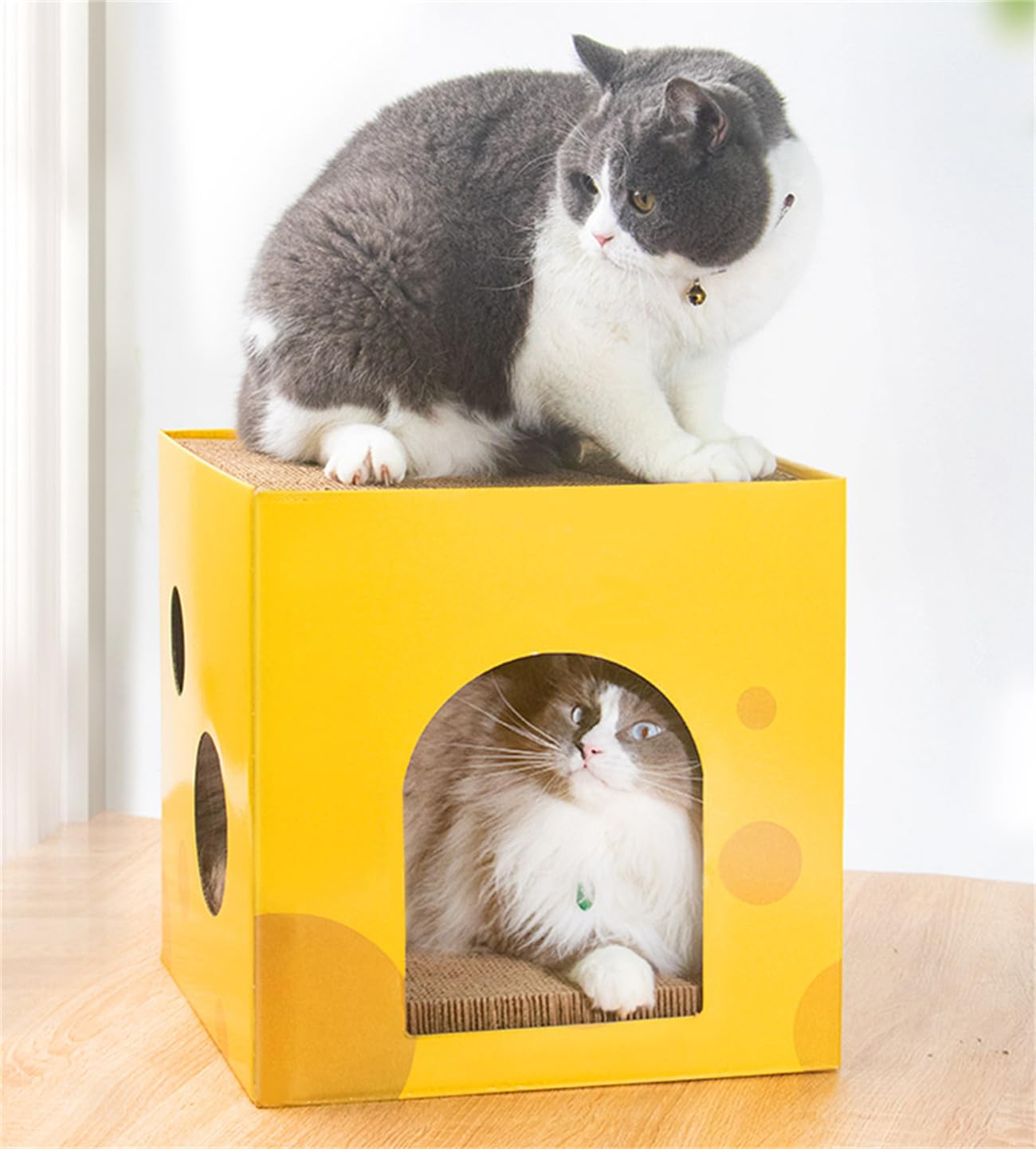 Cat Scratcher Cardboard Cat House, Double Layers Cat Scratcher Box with Cat Hole, Cat Bed Reversible Cat Scratching Board, Cat Scratcher Lounge Foldable Cat Scratcher House for Indoor Cats 12x12x12”