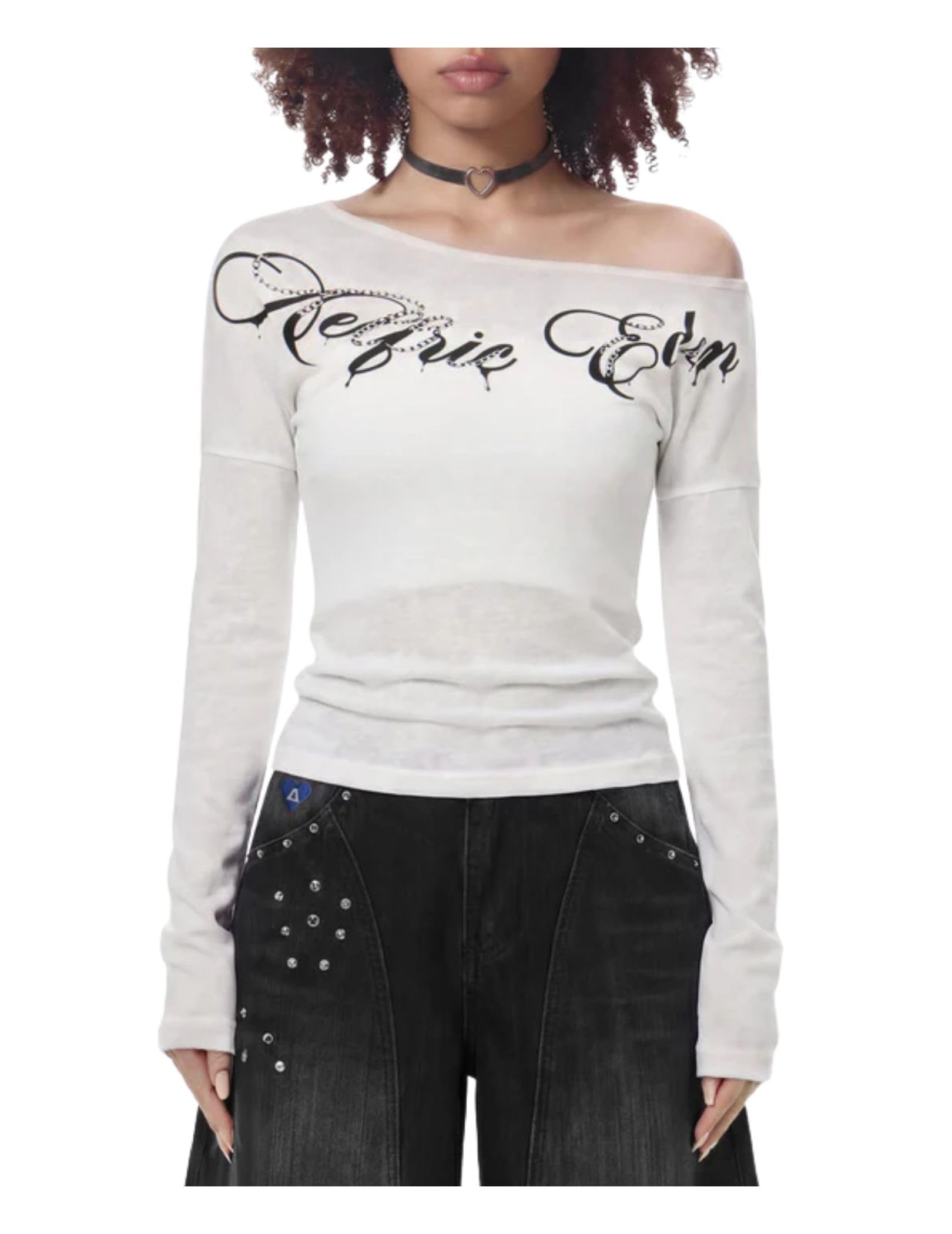 Aelfric Eden Langarmshirt Damen Off Shoulder Herbst Sommer Oberteil | Sexy Basic Schulterfreies Shirts Musterdruck Stretch Pullover Slim Fit Langarm Tshirts Y2K Casual Elegant Bluse