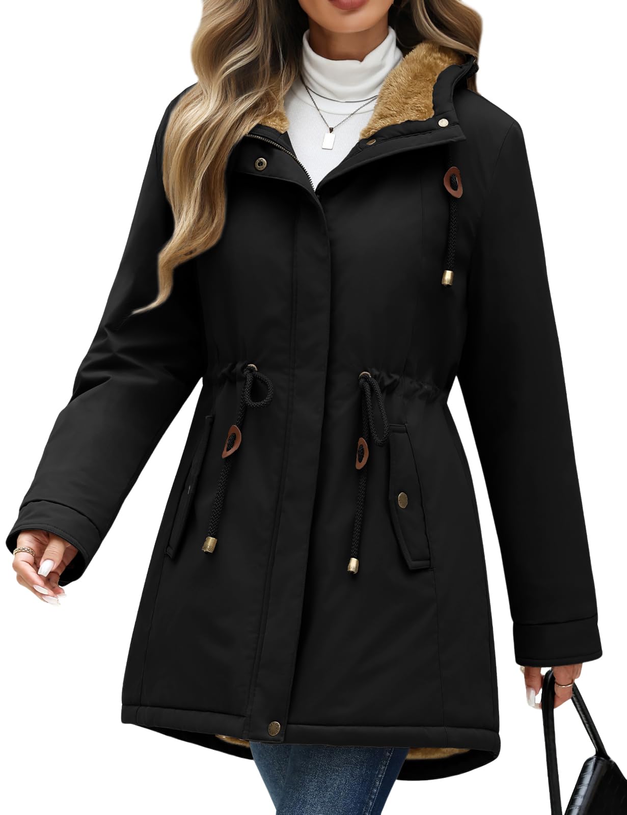 Vancavoo Manteau Femme Hiver Parka avec Doublure Polaire Épaisse | Manteau Chaud à Capuche avec Taille Réglable, Poignets Côtelés, Poches Biais, Zip et Boutons-Pression