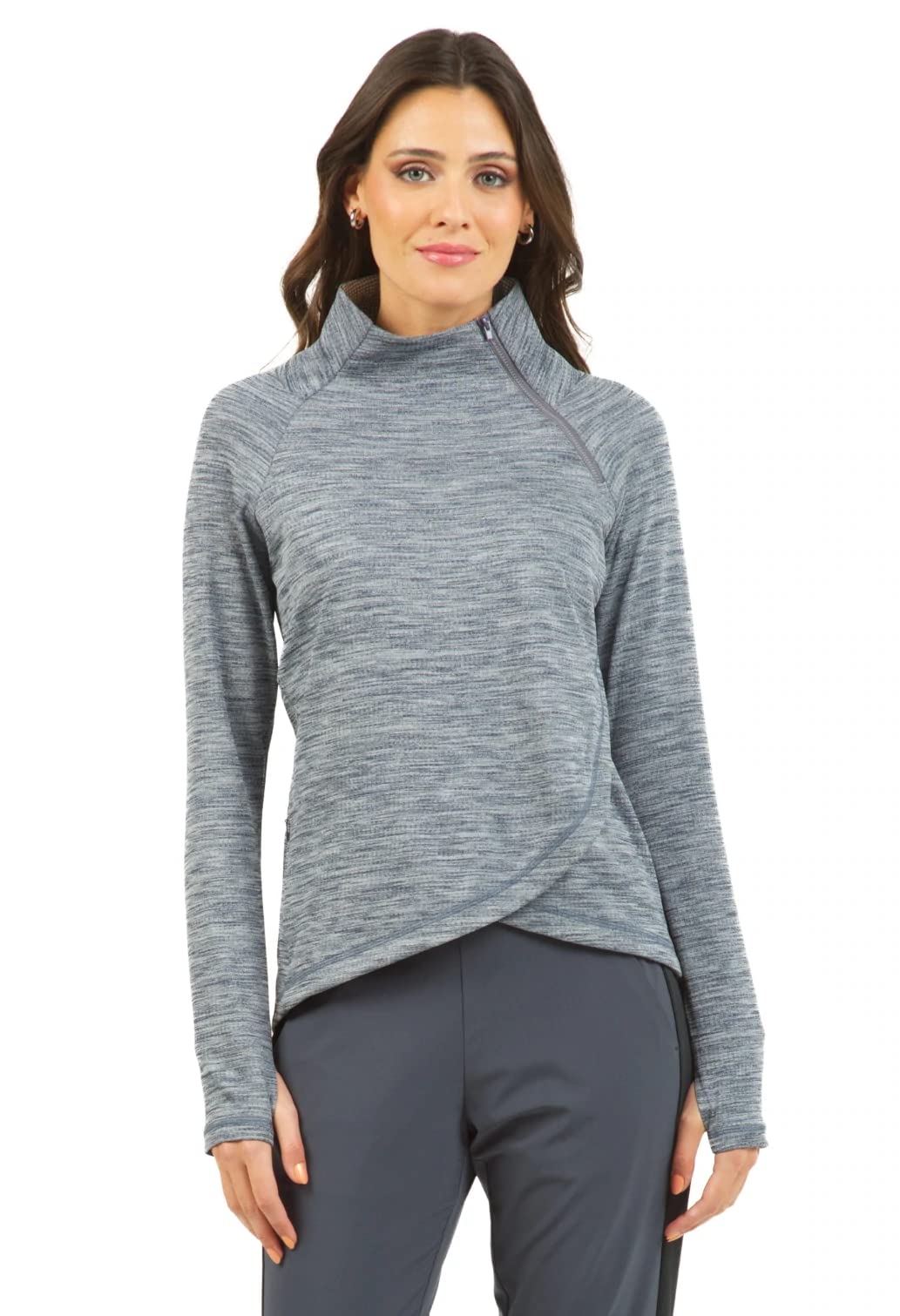 IBKUL Athleisure Wear UPF50+ Moisture Wicking Waffle Knit Asymmetrical Zip Funnel Neck Pullover w Pocket 77000 Peri SD Grid M