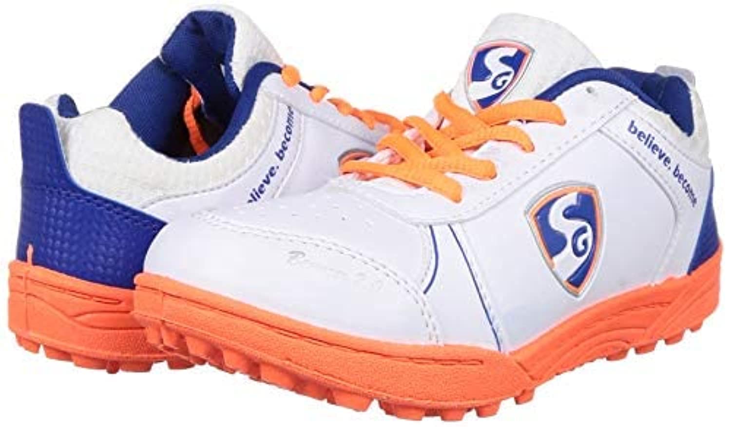 SG Bouncer Cricket Shoes | White/R.Blue/Orange | For Boys and Men | Mesh |, Medium