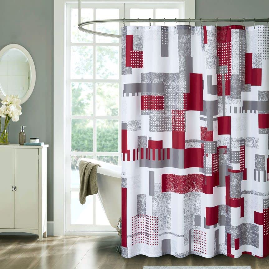 YOSTEV Red Geometric Shower Curtain Set with Metal Hooks,Red and Black White Modern Fabric Shower Curtain for Bathroom Bathtubs,Washable Waterproof,