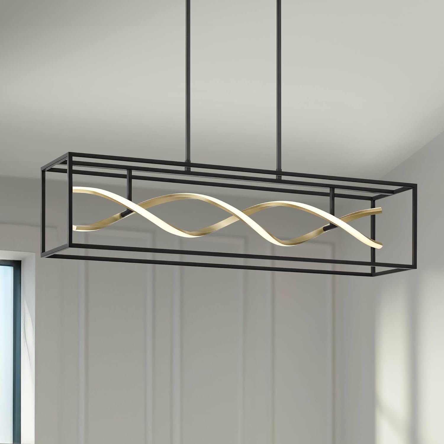 Possini Euro Design Cheva 35 1/2" Modern Pendant Chandelier Ceiling Light Fixture Dining Room Over Table Kitchen Island Foyer Hanging Linear LED Dimmable Black Sand Gold Finish Hallway Entryway