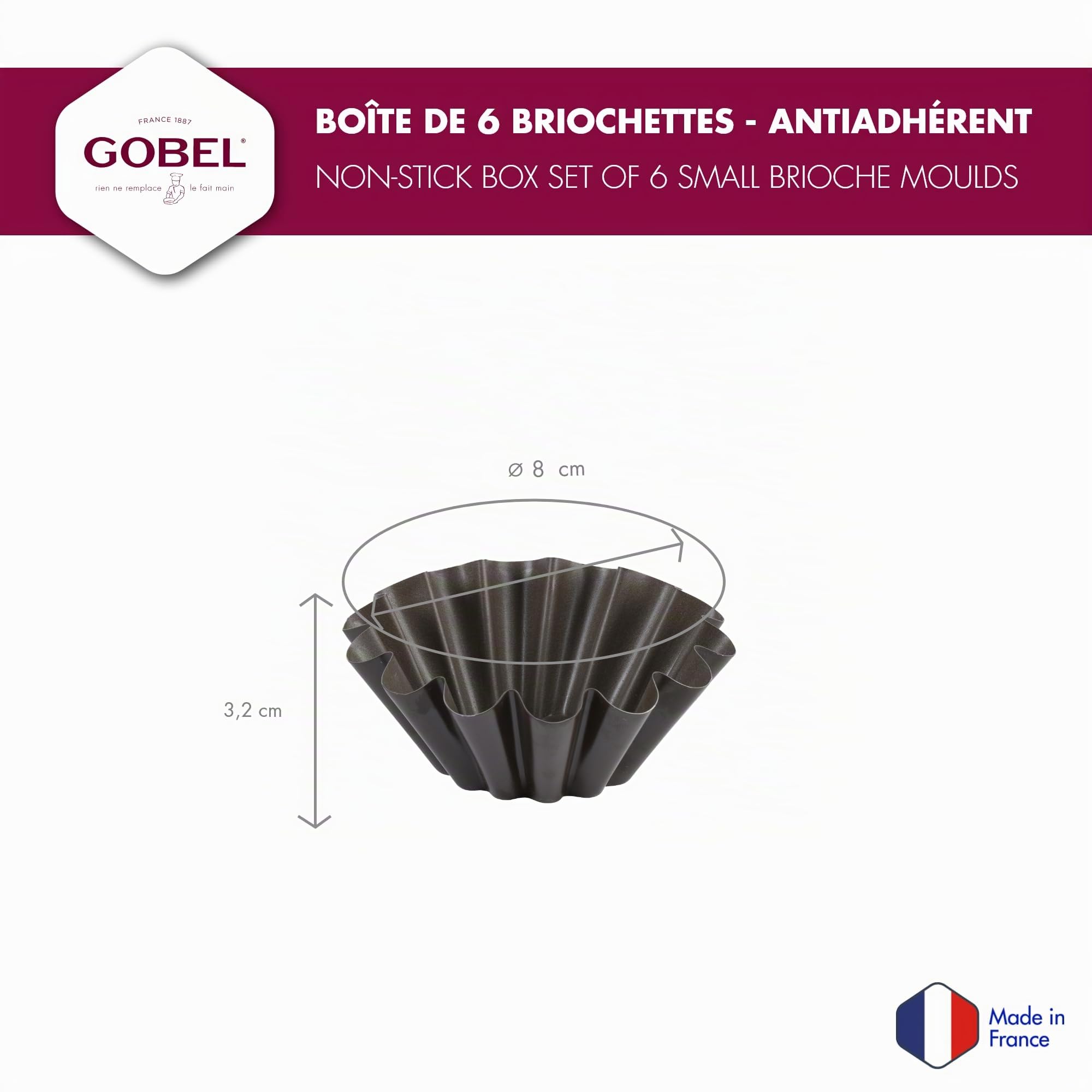 Gobel - Boîte de 6 moules à briochettes - Fond plat - Acier - Revêtement antiadhérent bicouche - Renfort céramique - Ø 8 cm, Argent (Lot de 2)