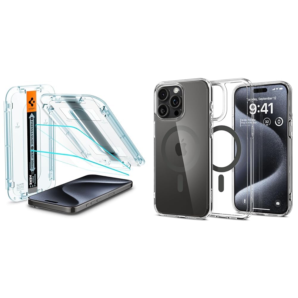 Spigen iPhone 15 Pro Cam Ekran Koruyucu Kolay Kurulum Glas.tR EZ Fit Slim HD (2 Adet) - AGL06892 & iPhone 15 Pro Kılıf Ultra Hybrid MagFit MagSafe özellikli Graphite - ACS06716