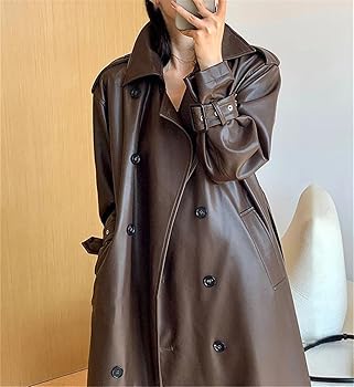 Long Loose Brown PU Leather Trench Coat Women's Belted