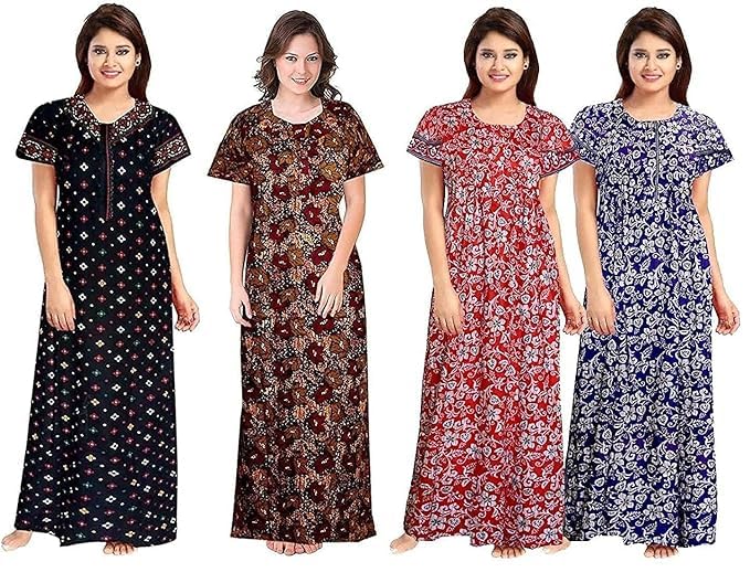 Image of Nighty for Women Cotton Printed Maxi Gown Ankle Length Nighty Night Dress Gown for Women Maxi - Free Size (Pack of 4)