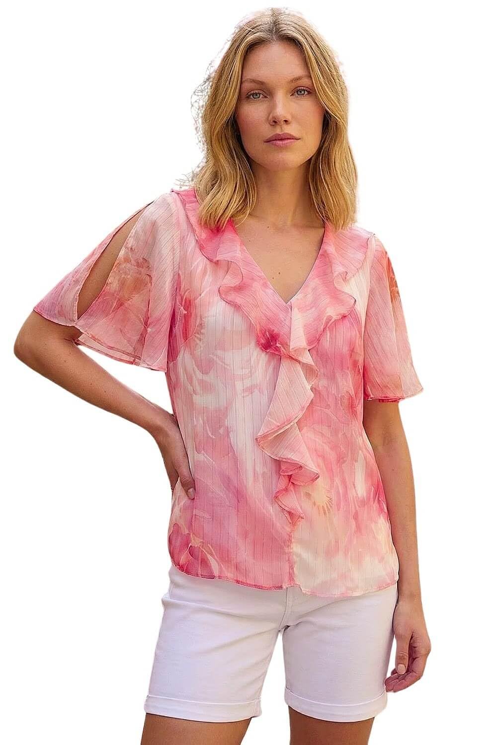 Roman Women's Orange Floral Ruffle Front Top In | Size: 18
