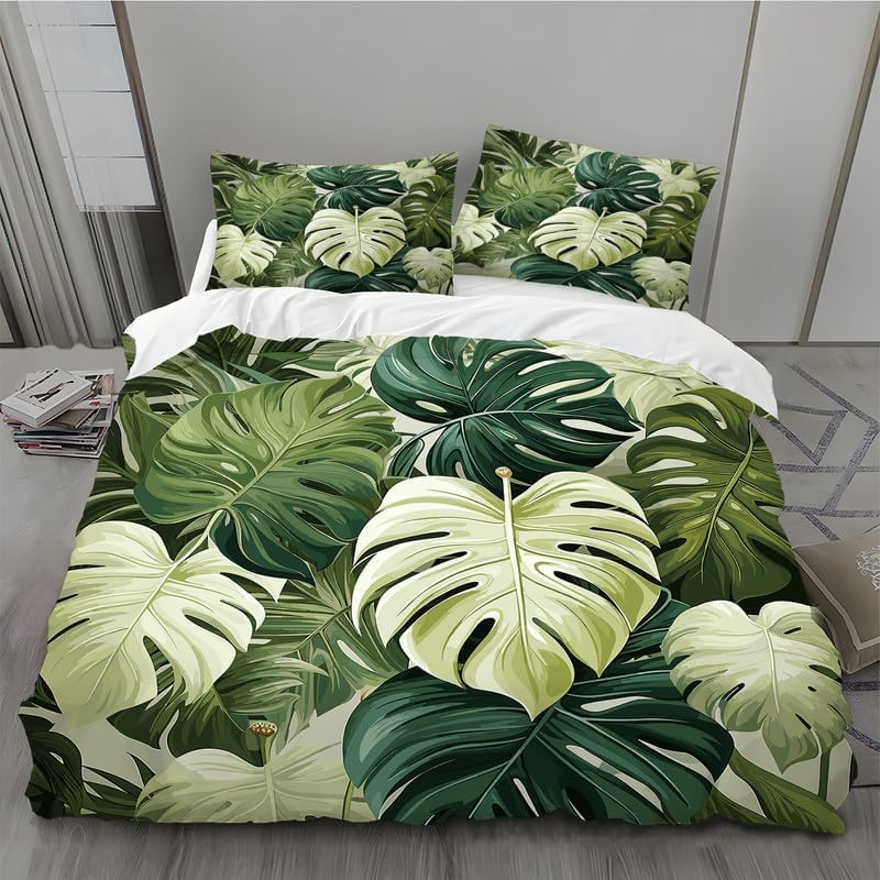 Housse de couette 120x150 verte motif monstera et parure de lit microfibre douce