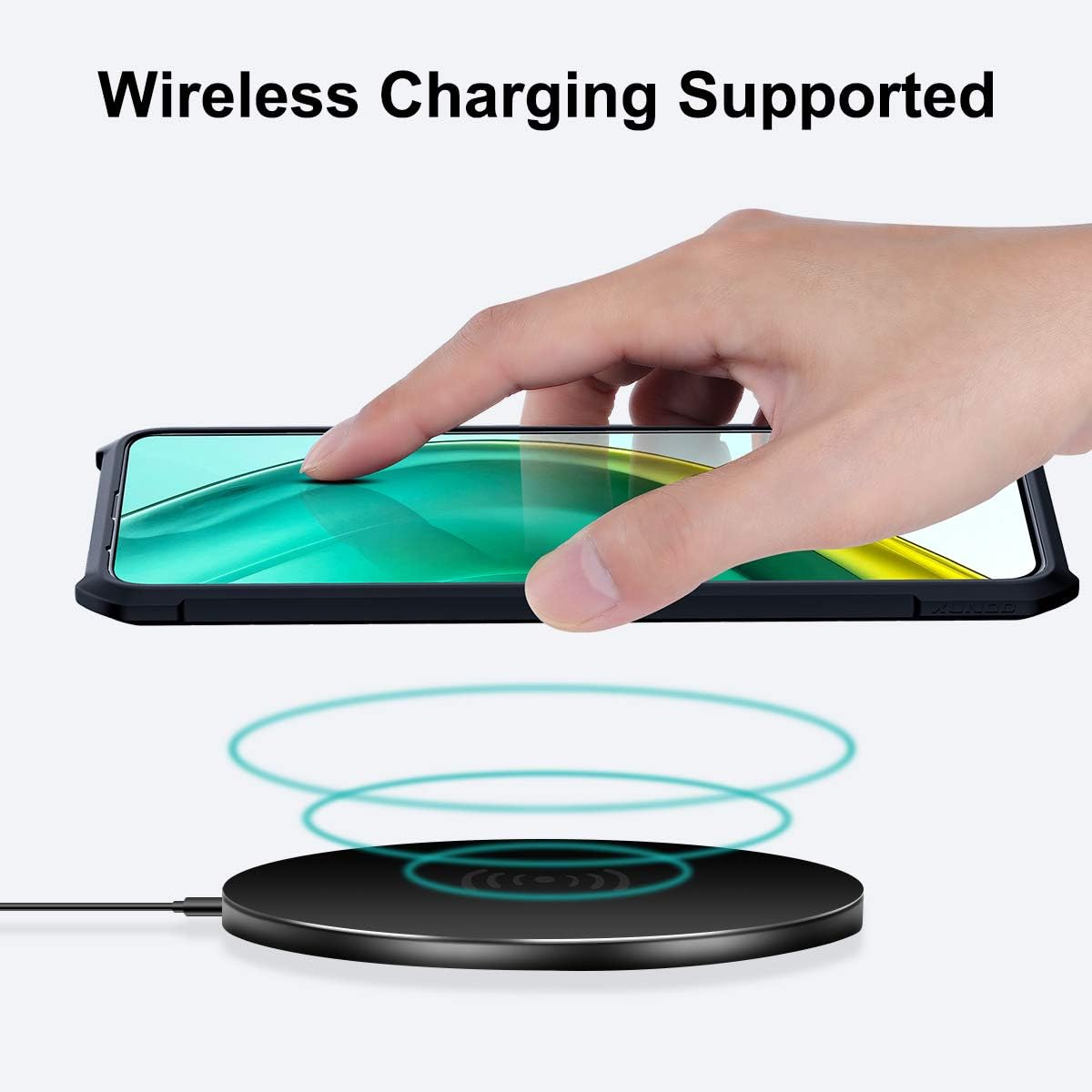 A hand placing a phone with the Xundd case onto a wireless charging pad, with blue rings indicating active wireless charging.