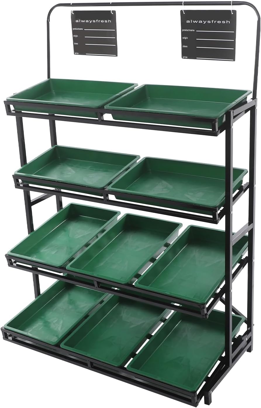 4-Tier Fruit and Vegetable Storage Rack with 10 Removable Baskets & 2 Hanging Product Labels, Farmers Market Stand for Supermarket, Kitchen, Store (Green Baskets & Black Stand, 4 Tier)