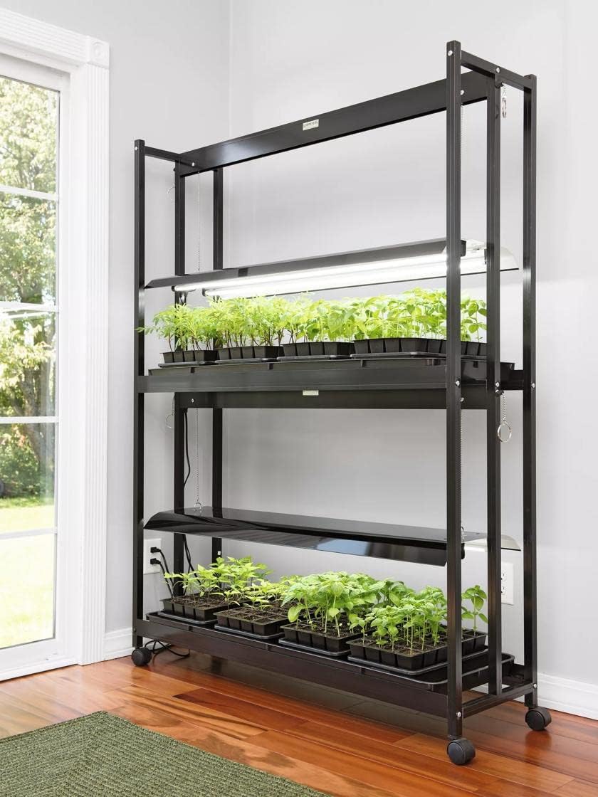 Gardener's Supply Company Indoor 2-Tier Grow Light Shelf & Plant Stand with Watertight Shelf Trays | Six High Intensity LED 6500K Bulbs Included for Seed Starting, Succulent, Herb and Houseplants