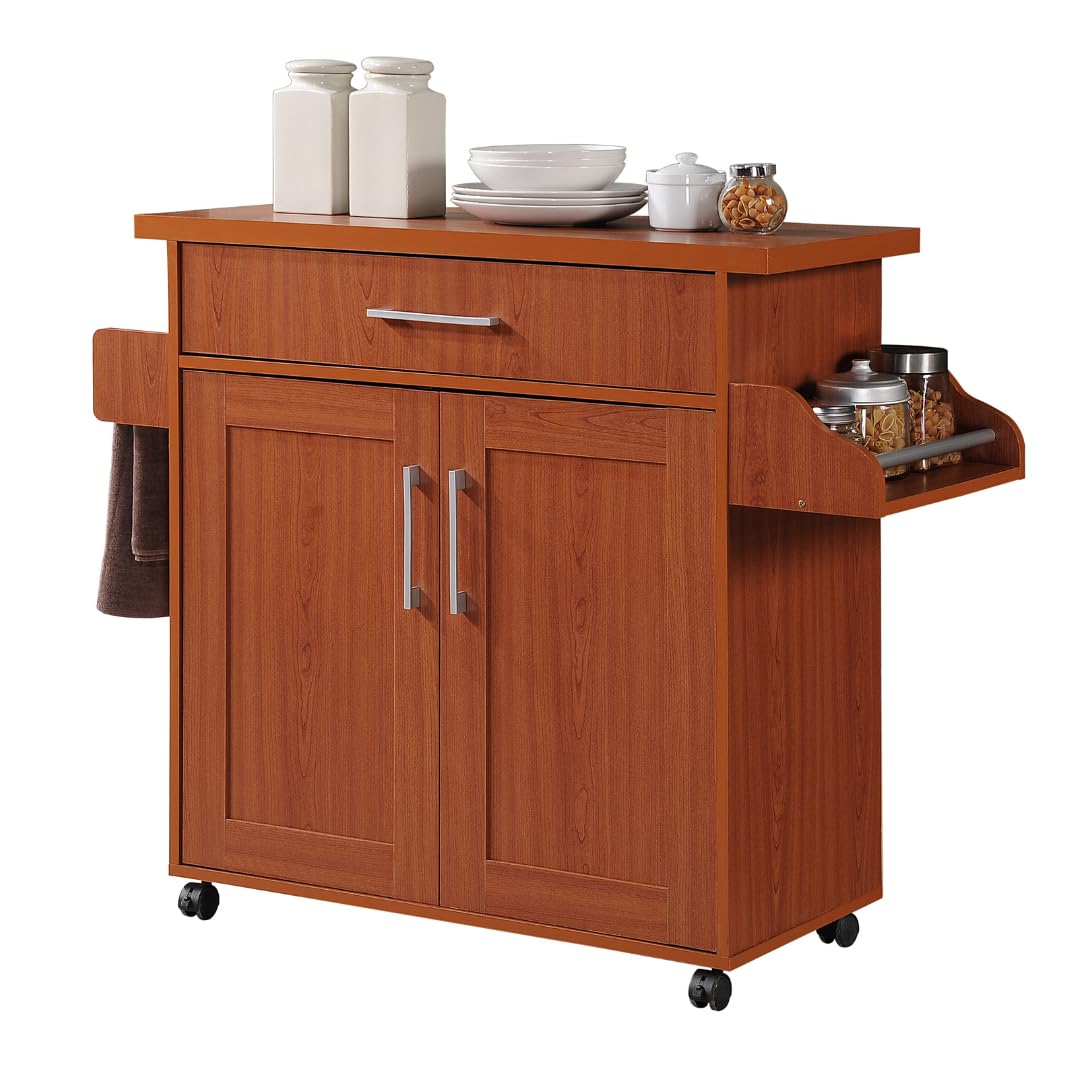Hodedah Rolling Wood Kitchen Island Cart with Spice Rack, Towel Rack, Utensil Drawer plus Cabinet, White with Beech Top