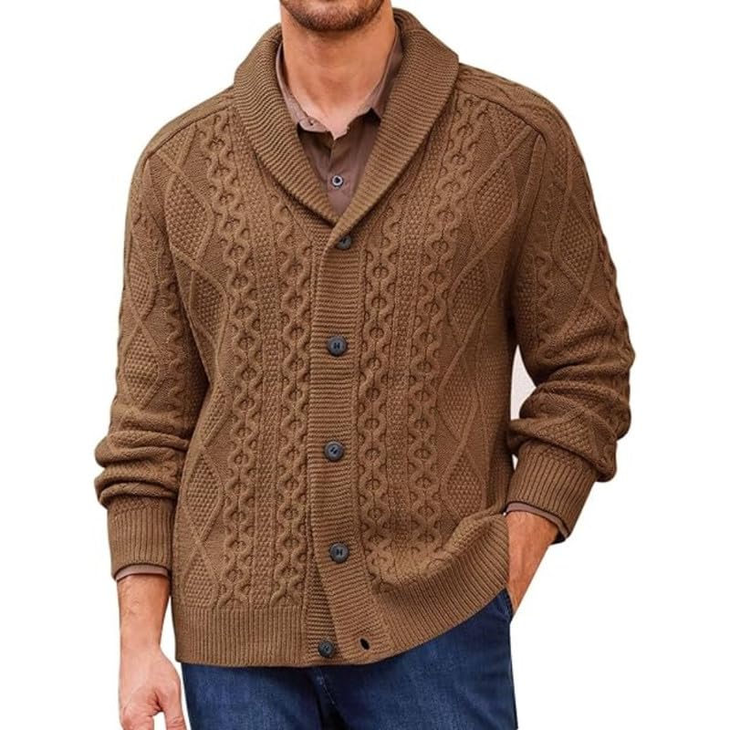 bifanxi Men's Cable Knit Shawl Collar Cardigan Sweater with Buttons for Autumn and Winter | Brown | 3XL-picture-42