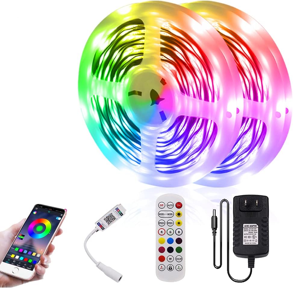 RGB LED Strip Light with Bluetooth Controller,Light Strip with 12V Power Adapter and 24-key IR Remote,2*10m SMD 5050 18LEDs/m,Music Sync and APP Control,Non-Waterproof Tape Light Set(20m/65.6ft