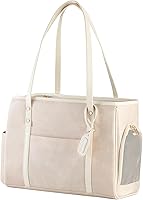 Bosnanller Airline Approved Vegan Leather Dog Cat Carrier Purse - Spacious Soft-Sided Travel Tote Bag with Pockets, Beige