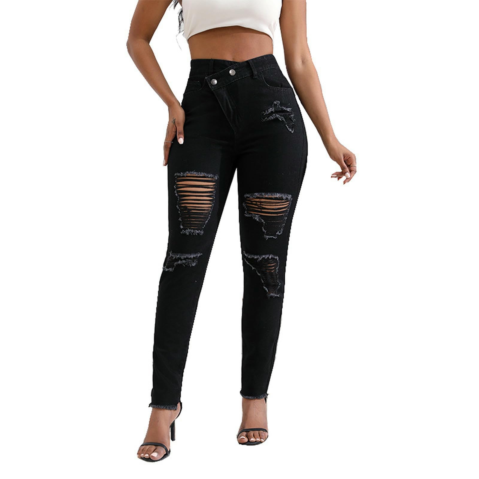 Jeans da Donna Fashion Denim Slim-Fit Strappato Lungo Neri A Vita Sexy per Donne-Azzurro-l