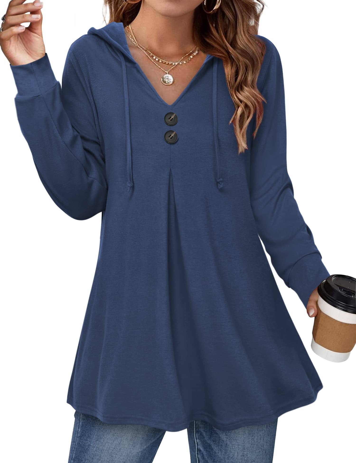 Lotusmile Damska tunika z krótkim rękawem, dekolt w serek, plisowana bluzka, Ture Navy, XL
