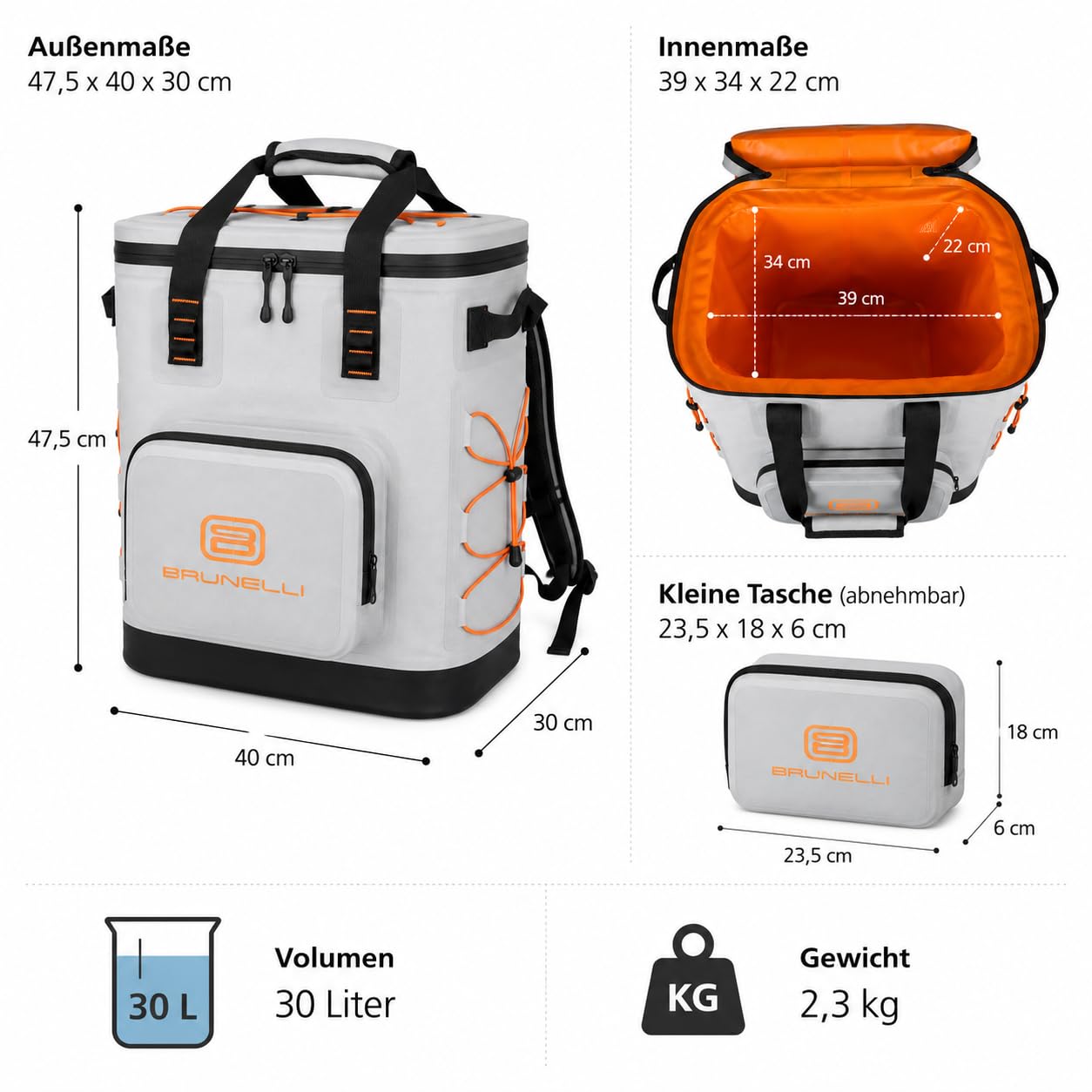 BRUNELLI Kühlrucksack 30L – Wasserdichter Premium Isolier-Rucksack mit TPU-Material, Lange Kühlleistung, auslaufsicher, Fronttasche & Flaschenöffner | Camping, Angeln, Strand, SUP, Boot