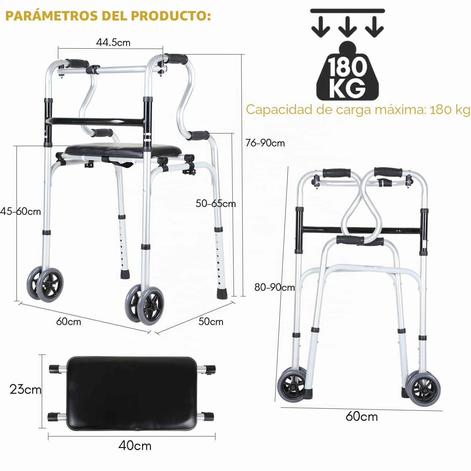 Andador para personas mayores, caballete plegable con 2 ruedas, altura regulable, aluminio, antideslizante, estable hasta 180 kg, color plateado