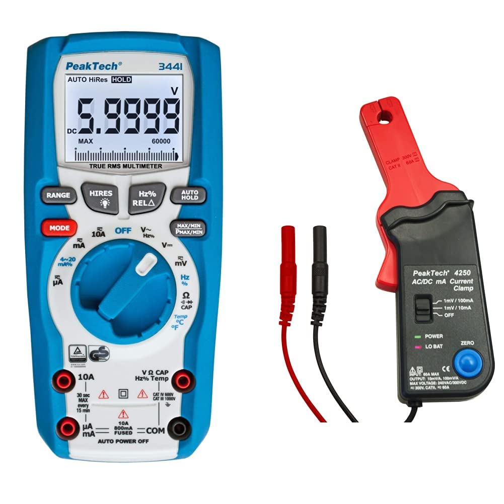 PeakTech 3441 – True RMS Digital Multimeter - CAT III 1000 V, Blau & P 4250 4250 - Stromzangen-Adapter für Multimeter bis zu 60 in AC/DC mit 4 mm Steckern, Durchmesser bis zu 9 mm - CAT III 300V