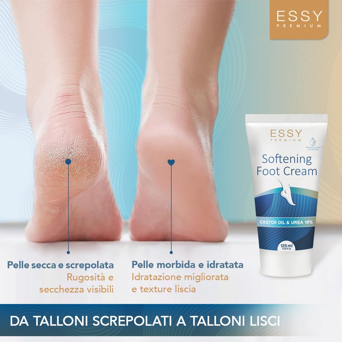 Essy Crema Piede, Crema Piedi Secchi Screpolati con Urea 10%, Idratante con Olio di Ricino per Piedi Ruvidi, Riparatore Talloni Screpolati per Nutrire e Ripristinare la Morbidezza, 125 ml