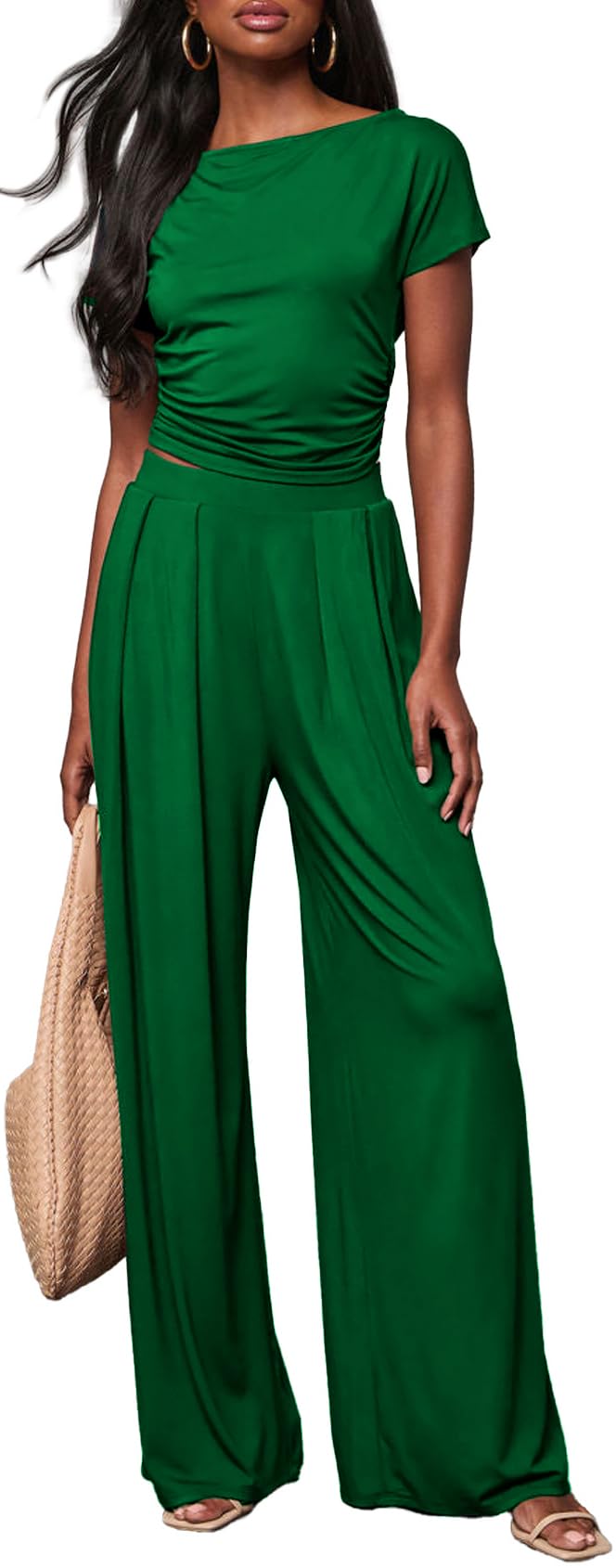 Conjuntos de piezas para mujer, blusas cortas de verano, pantalones  palazzo de pierna ancha a juego, conjuntos de salón para mujer, atuendos de 