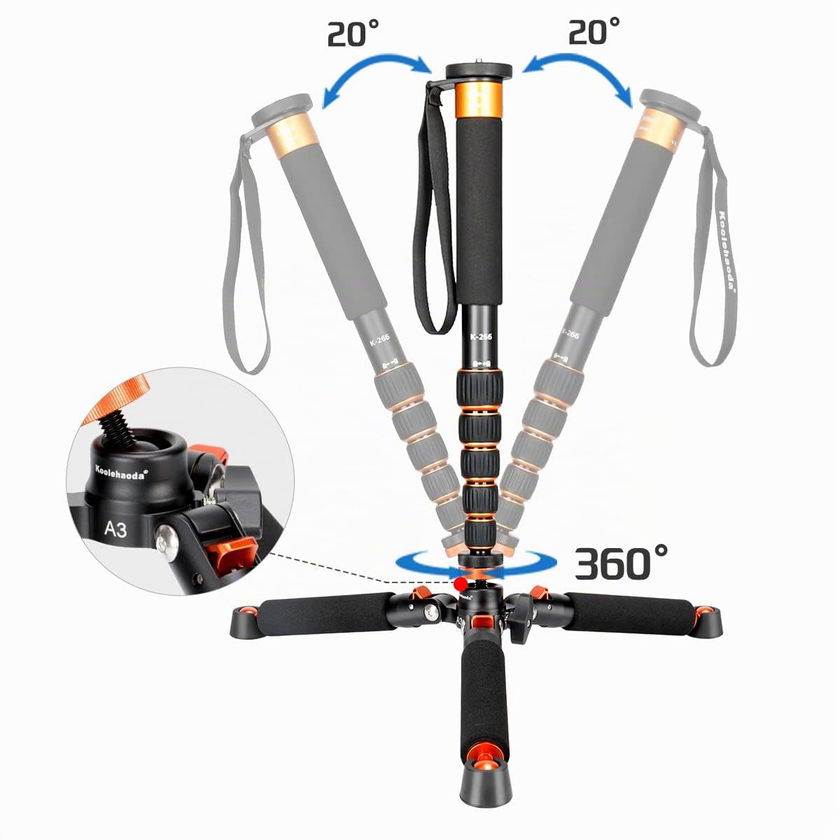 Koolehaoda Fotocamera monopiede con base treppiede in metallo, 6 sezioni altezza regolabile 46-177cm, diametro gamba Φ28 mm per DSLR Videocamera DV Fotografia Carico Max 6 kg