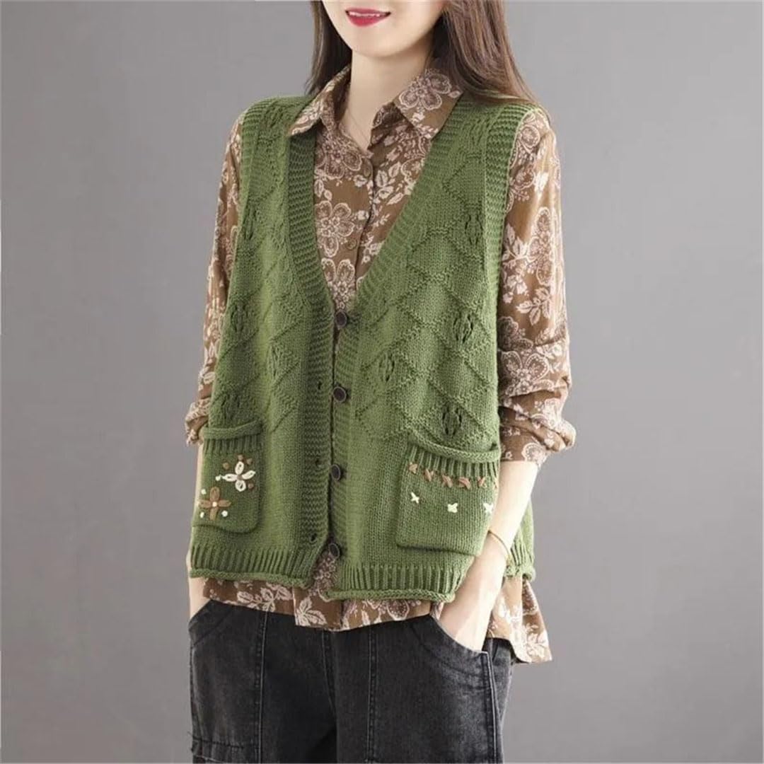 Alloaone Maglione da Donna Gilet con Scollo A V Senza Maniche Maglione Lavorato A Maglia Cardigan con Tasche A Fiori Top Senza Maniche