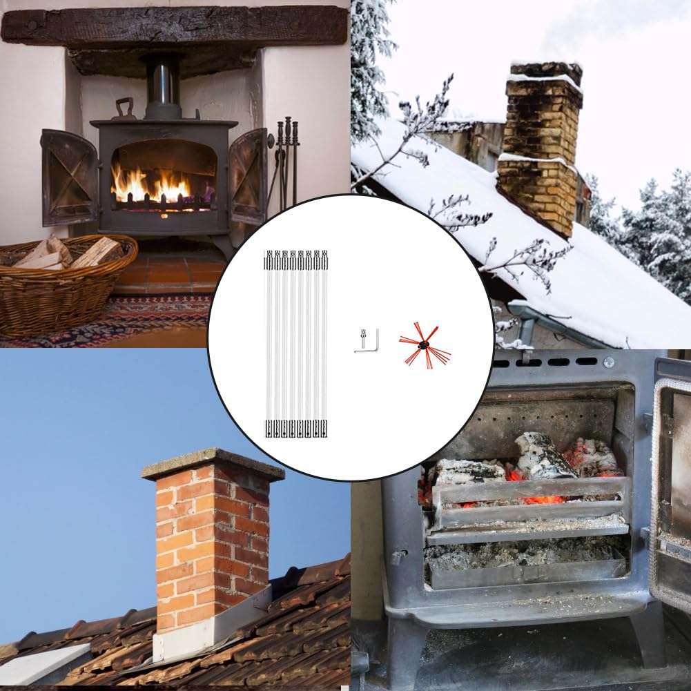 Juego de cepillos deshollinadores – Limpieza con Varillas – Limpiador de | chimenea con cabezal de repuesto y adaptador para revestimiento