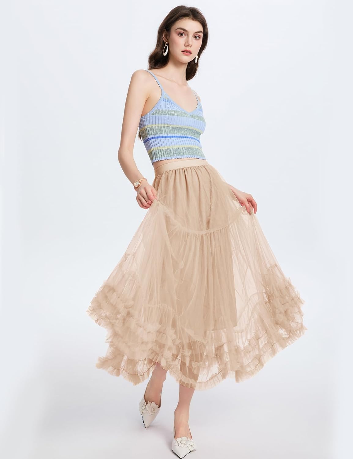 Flygo Women's Maxi Tulle Skirt Long Tiered A Line Mesh Tutu Fairy High Elastic Waist Pleated Layered Skirts - Image 5