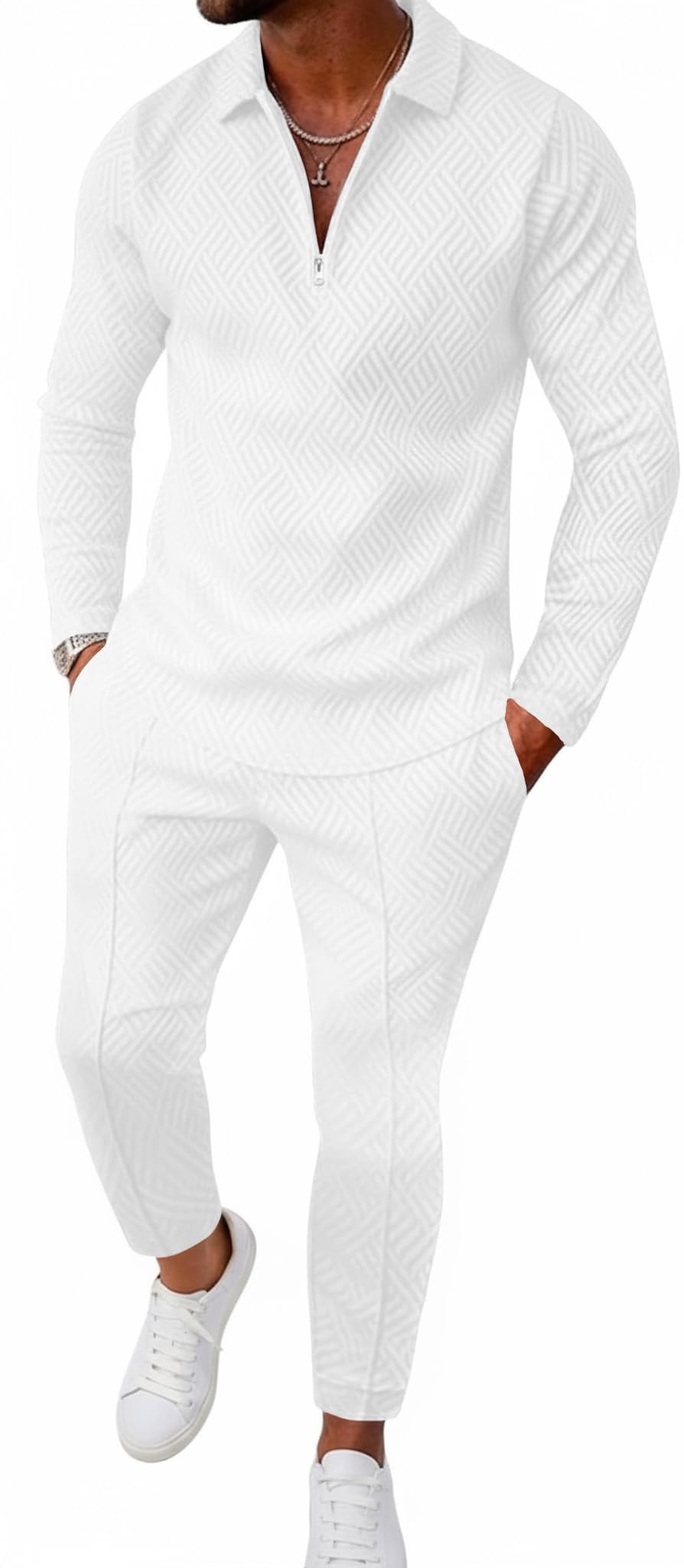 Bealin Mens Track Suits 2 Piece Outfits Casual Knit Jacquard Long Sleeve Zip Golf Shirt Joggers Sweatpants Sets