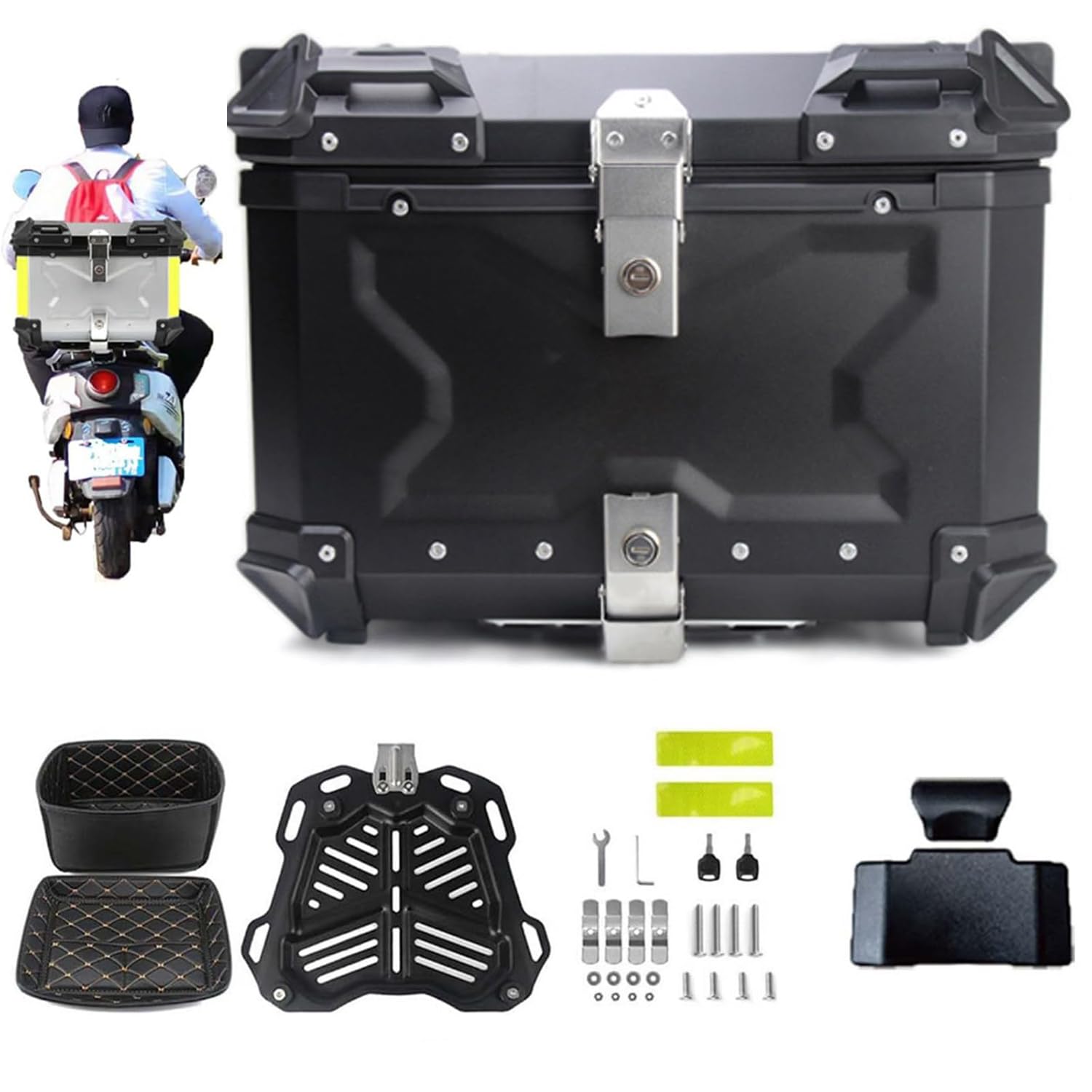Scooter Storage Boxes, Aluminum Motorcycle Top Box Tail Case Luggage with Security Lock, Helmet Storage, for Store Large(Black,45L)