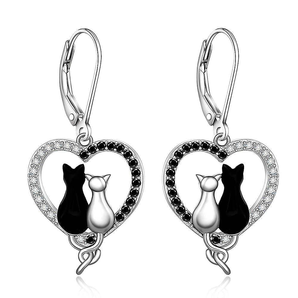 Fenthring Schwarz Katzen Ohrringe für Damen Frauen Leverback niedliche Tiere Hängende Ohrstöpsel Antiallergien Katzenpaar Hearts Halloween Geschenk für Mädchen