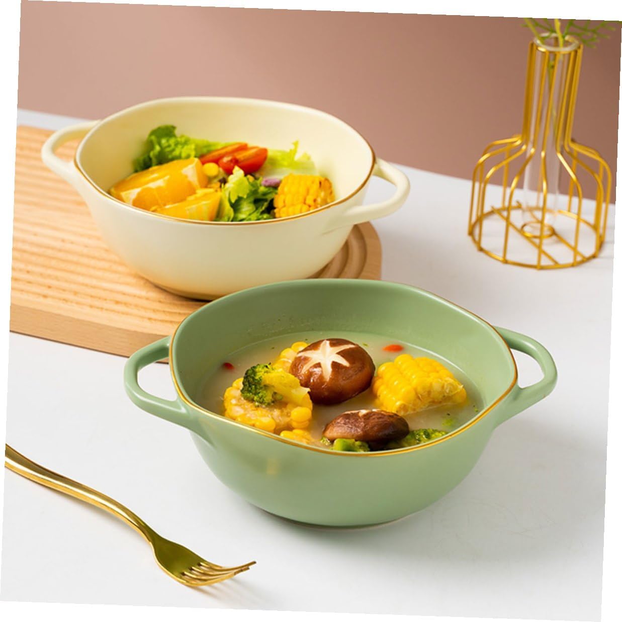 Ceramic Double Handle Soup Bowl for Oven Baking, Matcha Green Instant Noodles and Rice Serving Dish, Household Mixing and Condiment Bowl for Kitchen Use