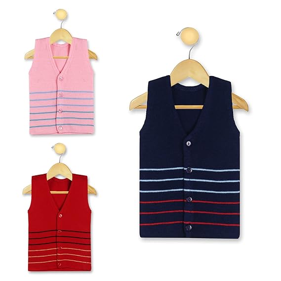 KNITCO Kids Unisex Boys Girls Acrylic Woolen Sweater Vest Cardigan Regular Fit (Pack of 3)